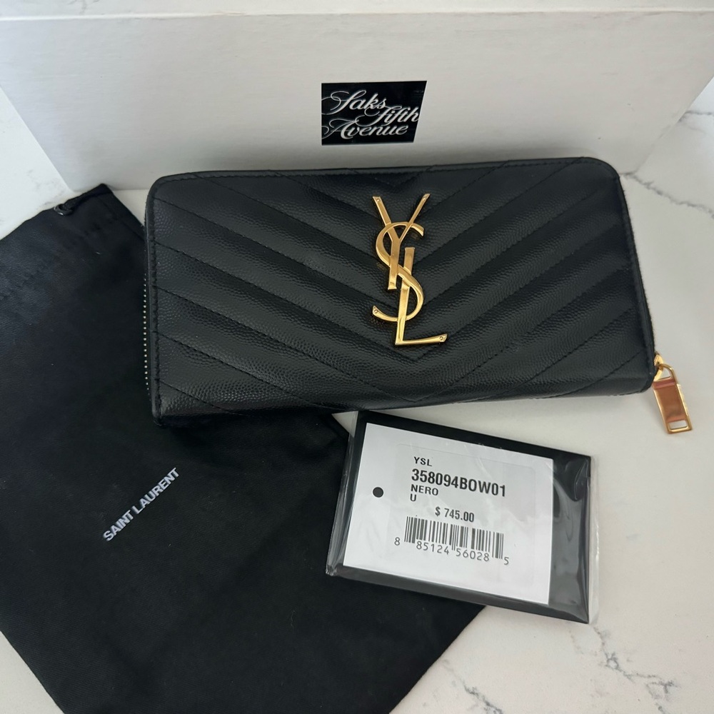 AUTHENTIC YSL Monogram Large Zip Wallet in Grained Leather